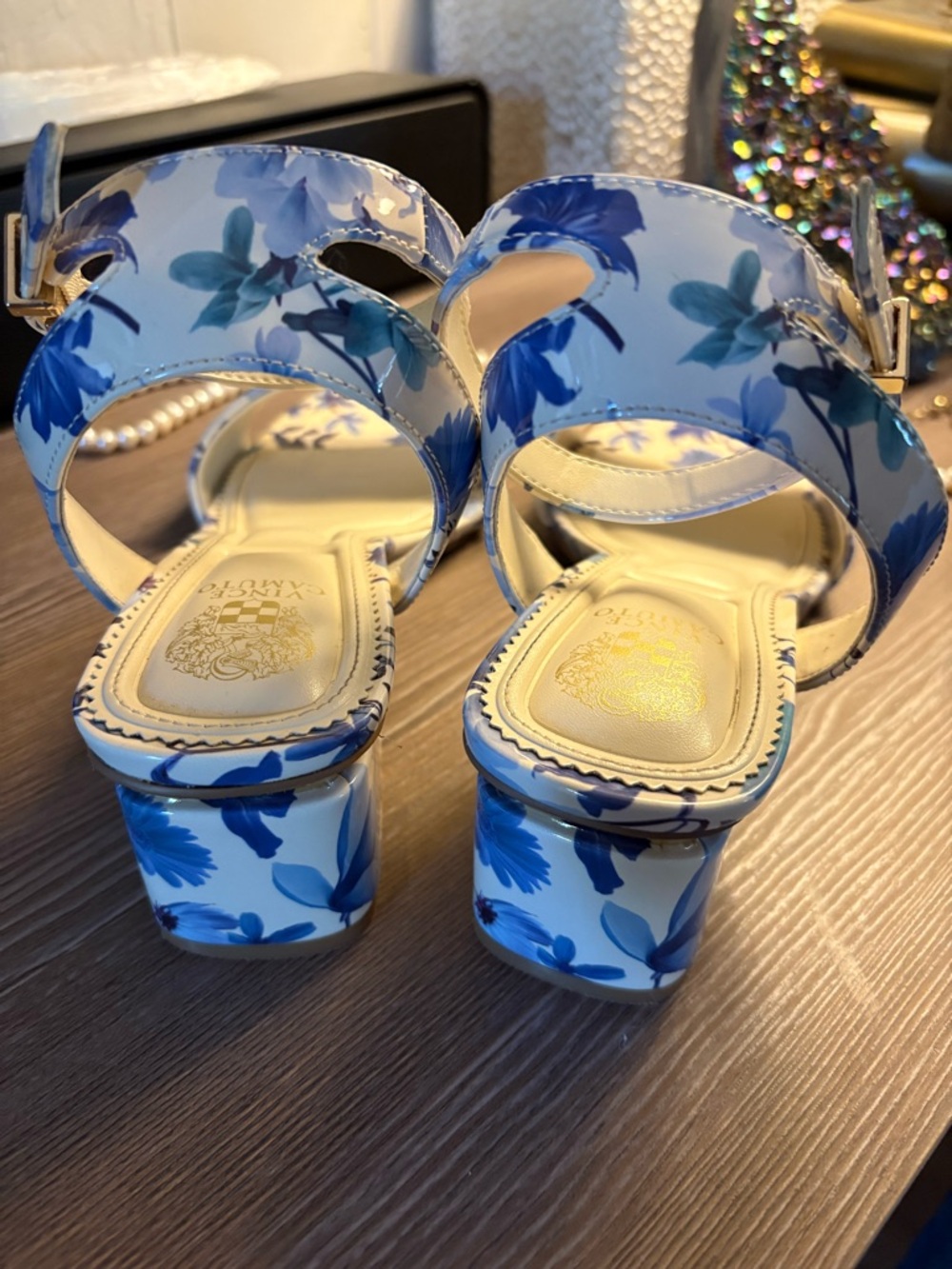 Vince Camuto Cream and Blue Floral Block Heel Sandals - Picture 4 of 5